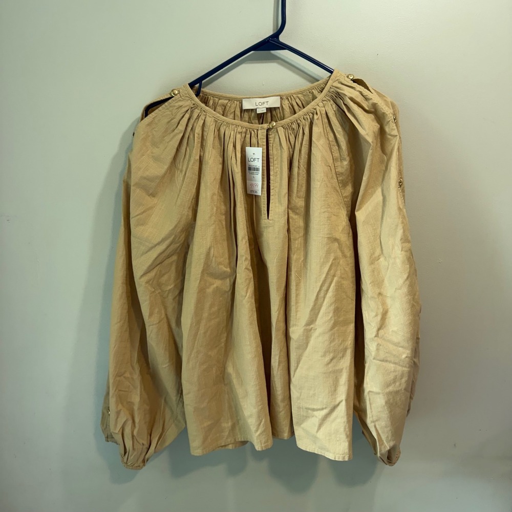 Loft Womens Tan Gold Button Shoulder Split Neck Long Sleeve Blouse Large NWT